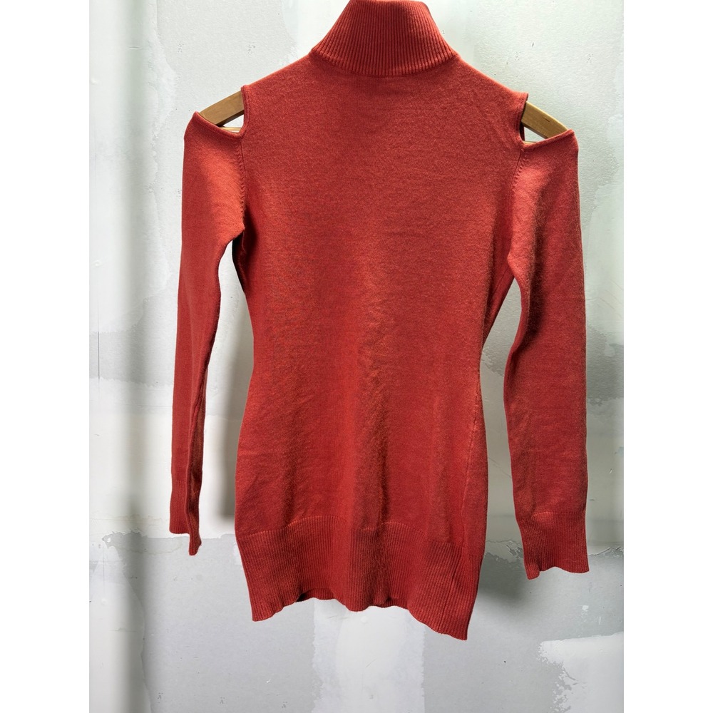 Strawberry Womens Cold‎ Shoulder Mock Neck Sweater Burnt Orange Knit Medium